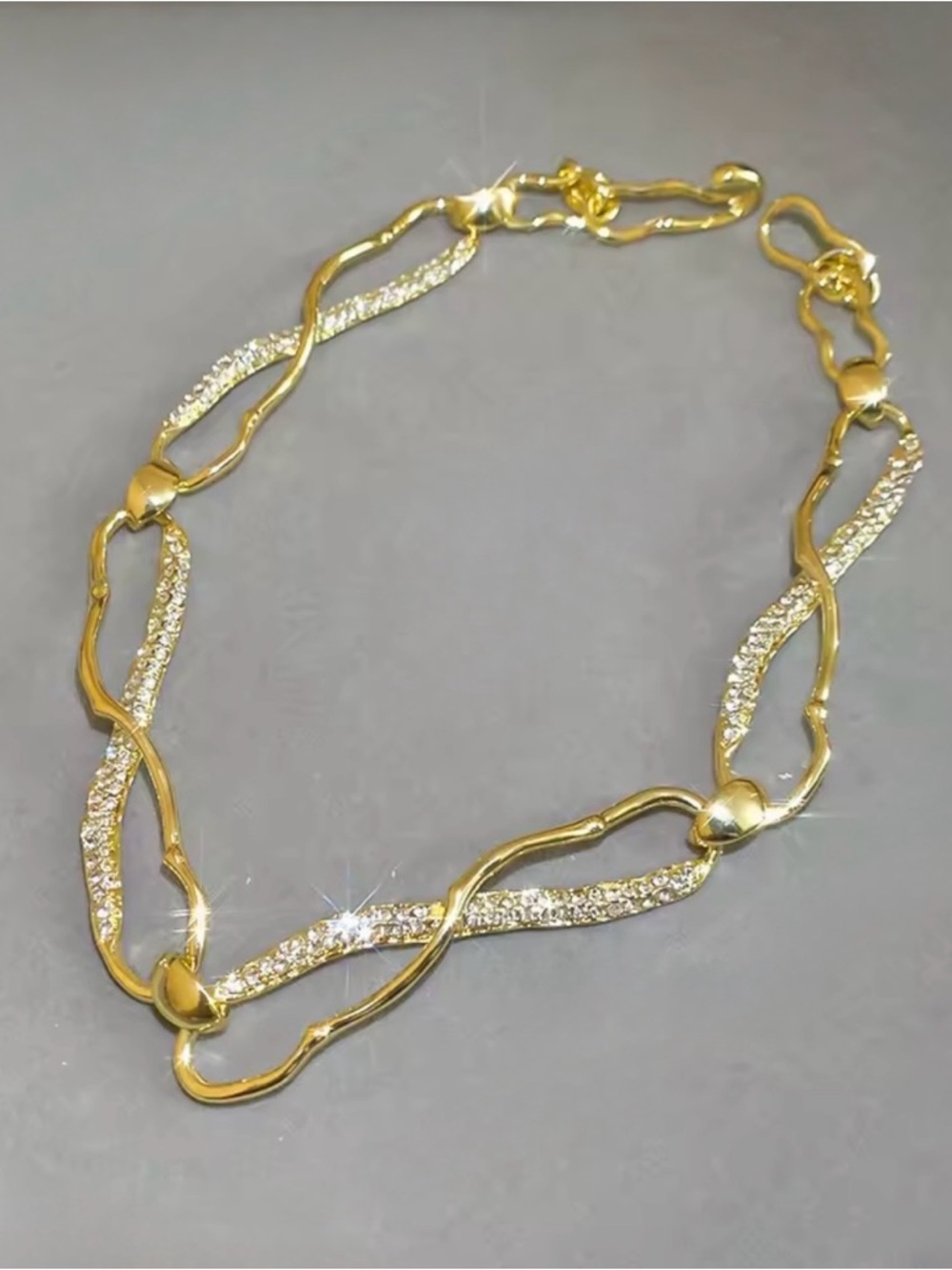 Infinity Link Collar Necklace Molten Metal Gold Clear AP28